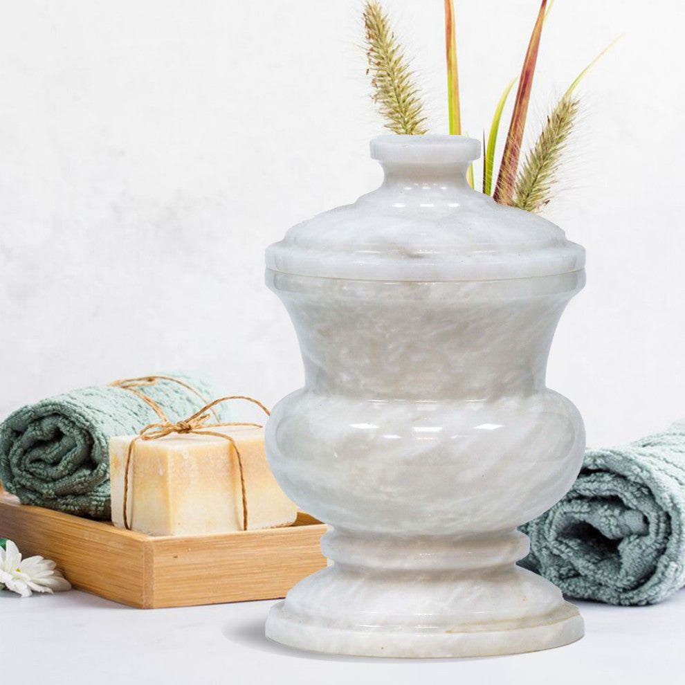 Elegant White Marble Storage Jar with Lid, Perfect for Q-tips and Cotton Balls
