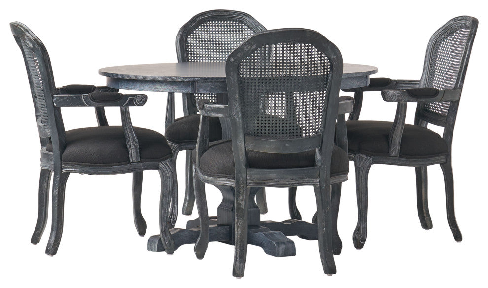 Ardyce French Country Fabric Upholstered Wood and Cane 5-Piece Dining Set, Gray/Black