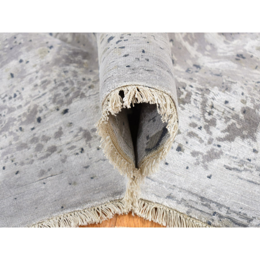 Gray, Broken and Erased Design, Art Wool and Silk Hand Knotted Rug, 8'x9'10"