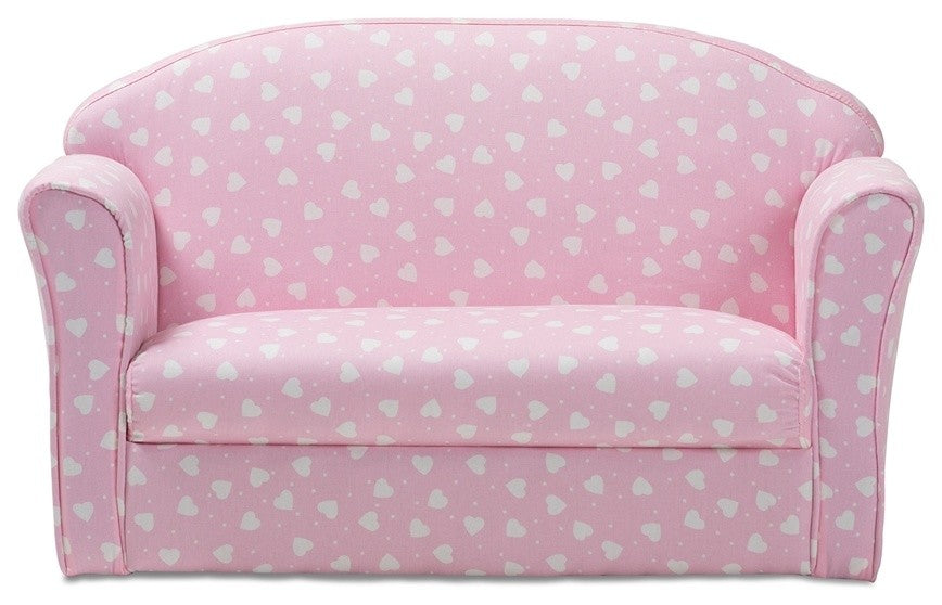 Contemporary Pink and White Heart Patterned Fabric Upholstered Kids 2-Seater Sof