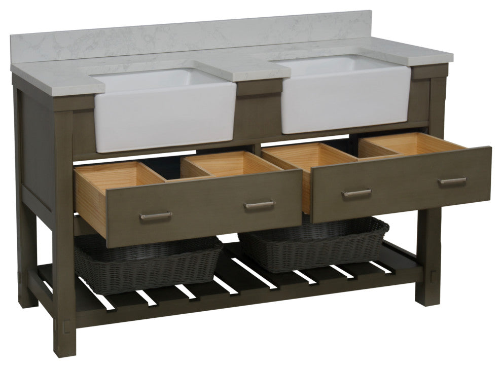 Charlotte 60" Bathroom Vanity, Weathered Gray, Engineered Carrara, Double