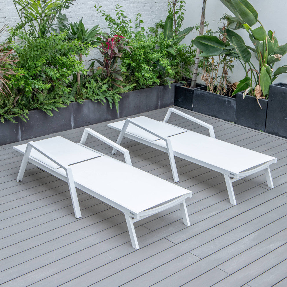 LeisureMod Marlin Patio Chaise Lounge Chair White Arms Set of 2, White