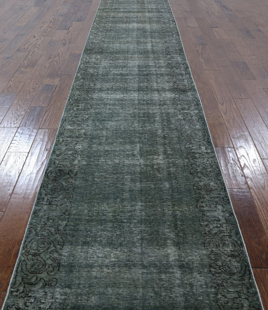Light Green Overdyed 3'x16' Runner Floral Border Hand Knotted Wool Rug H9144