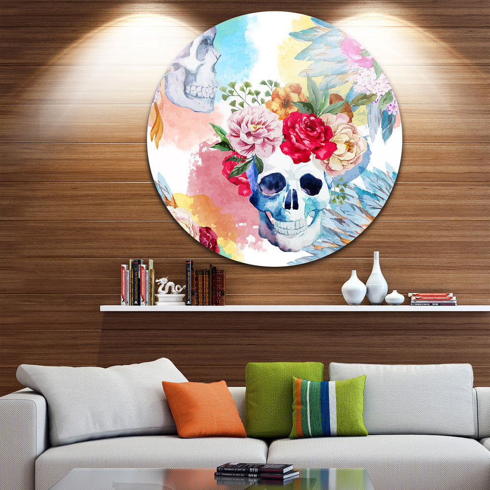 Ethnic Skull With Flowers, Floral Round Wall Art, 11"