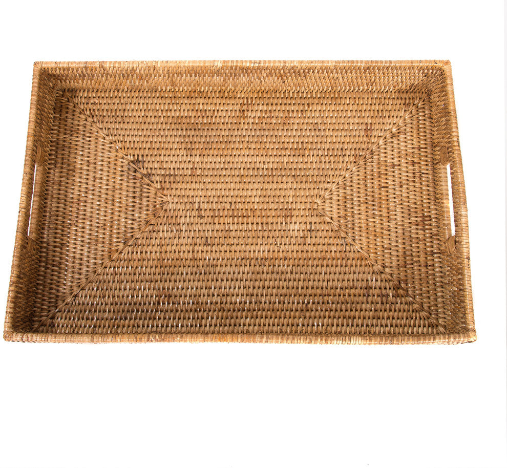 Artifacts Rattan Rectangular Tray With Cutout Handles, Honey Brown, Large