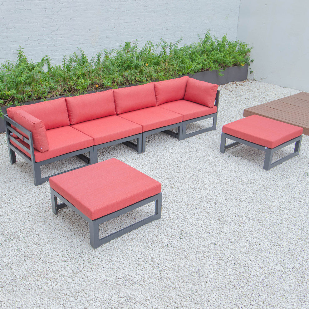 LeisureMod Chelsea 6-Piece Patio Ottoman Sectional Black Aluminum, Red