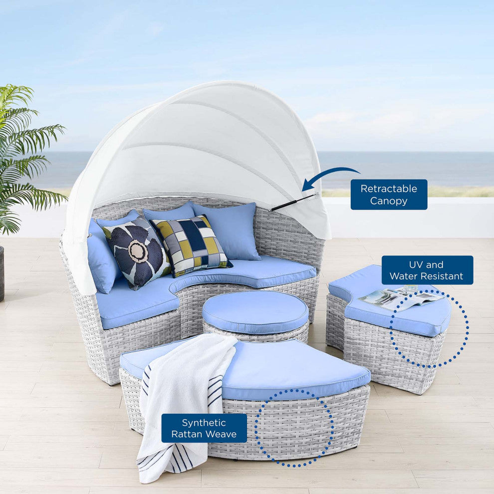 Lounge Daybed Sofa Bed, Gray Blue, Rattan, Wicker, Modern, Outdoor Patio