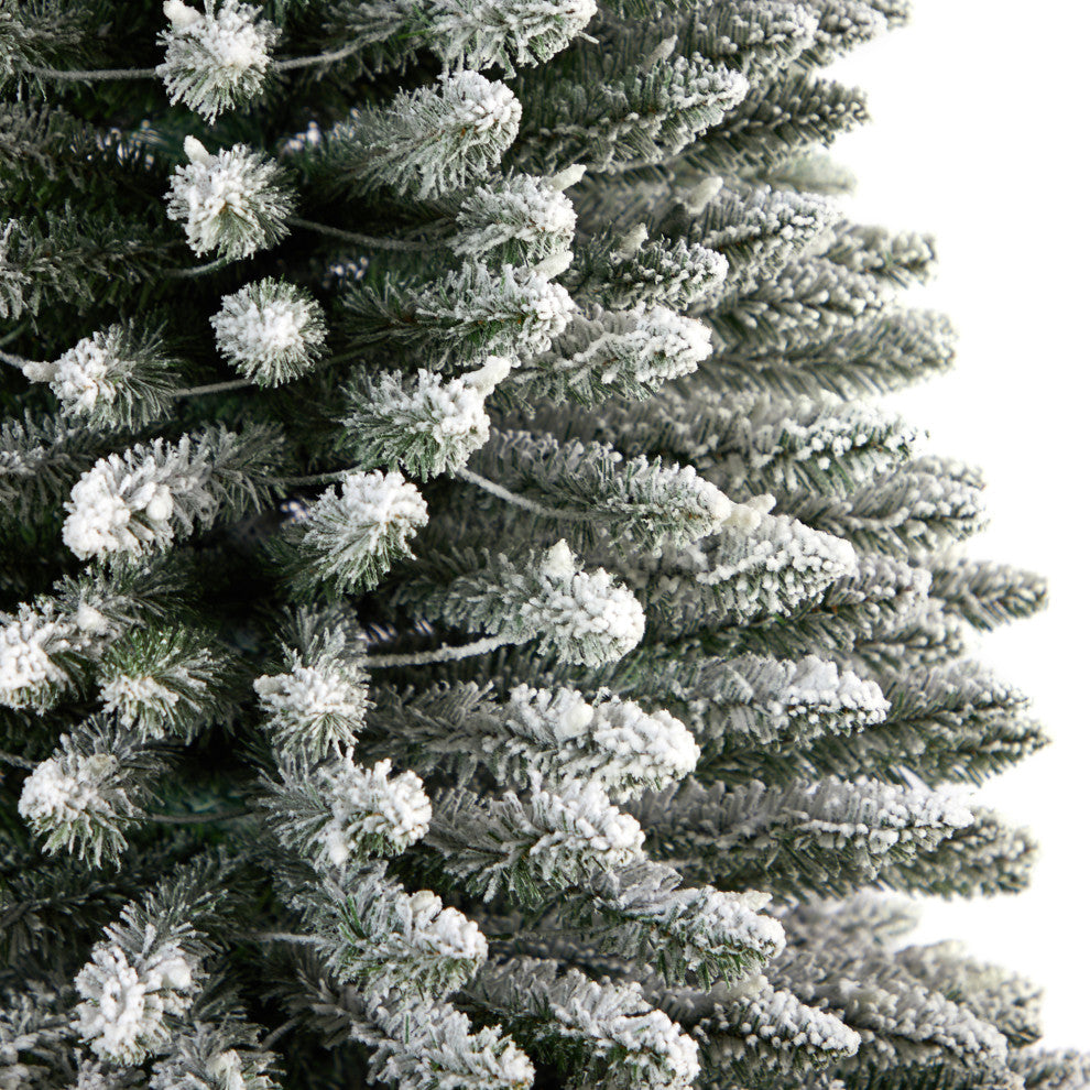 12' Flocked Pencil Faux Xmas Tree W/ 1000 Clear Lights & 1819 Bendable Branches
