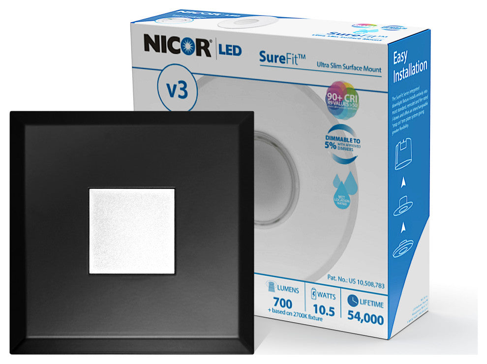 SureFit(v3) LED Flush Mount Ceiling Light, 3000K with Square Black Trim