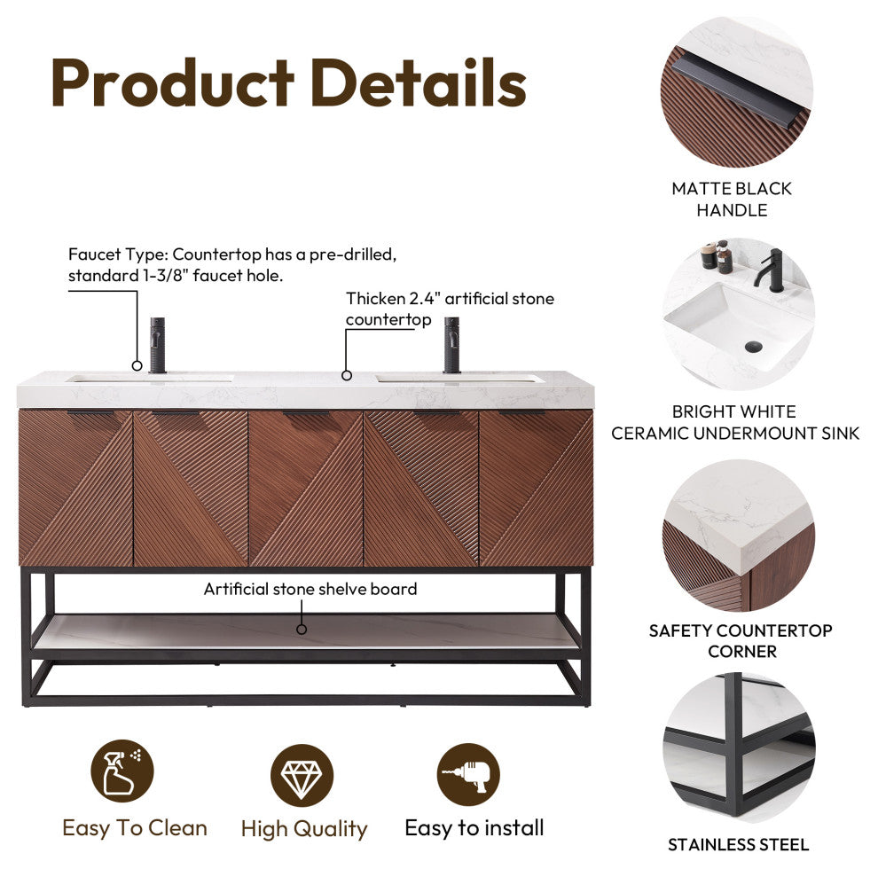Mahon Bath Vanity, Stone Top, Matte Black Base, 60", Double Vanity, No Mirror