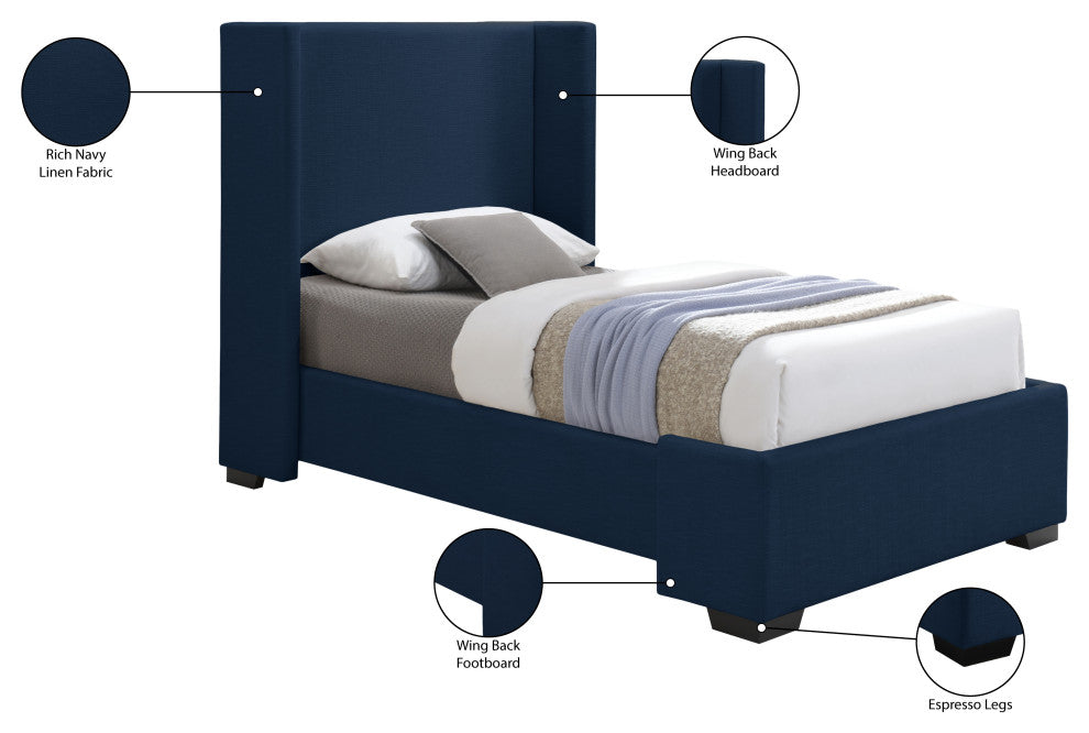 Oxford Linen Textured Fabric Upholstered Bed, Navy, Twin