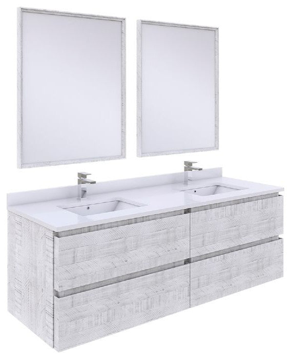 Fresca Formosa Modern 60" Rustic White Double Sink Vanity Set, Faucet Fft9151bn
