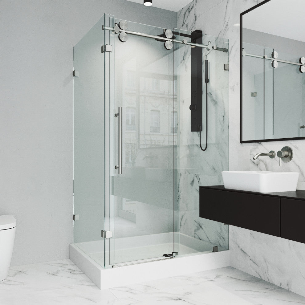 VIGO Winslow Frameless Sliding Shower Enclosure, Stainless Steel, 36" D X 48" W X 80" H, Right Drain Base