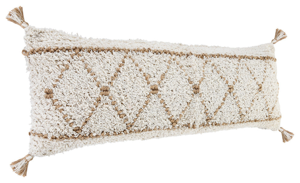 Boho-Chic Diamond Jute and Cotton Throw Pillow, 14" X 36"