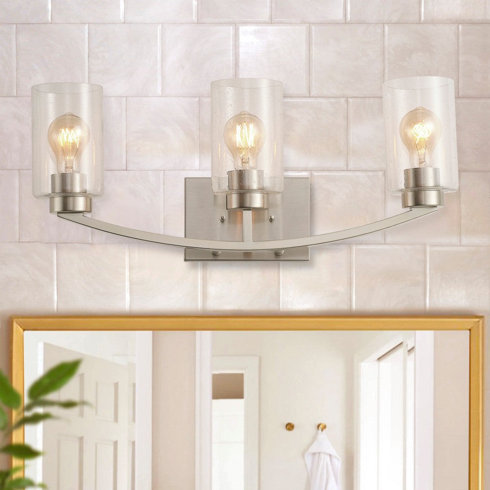 Brushed Nickel 3-Light Bathroom Vanity Light With Glass Shade