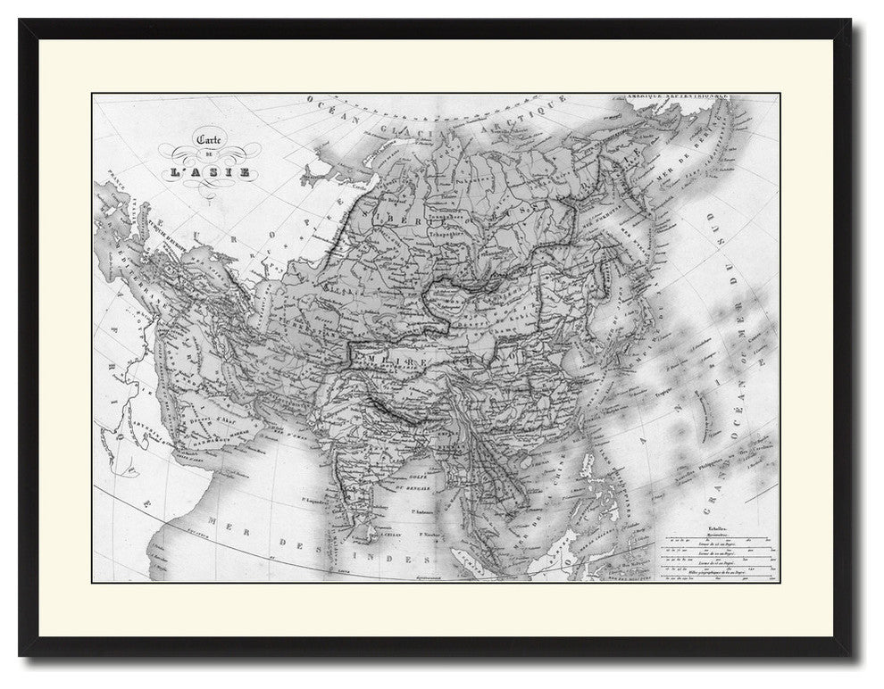 Asia Vintage Map Print On Canvas With Black Custom Frame, 28" X 37"