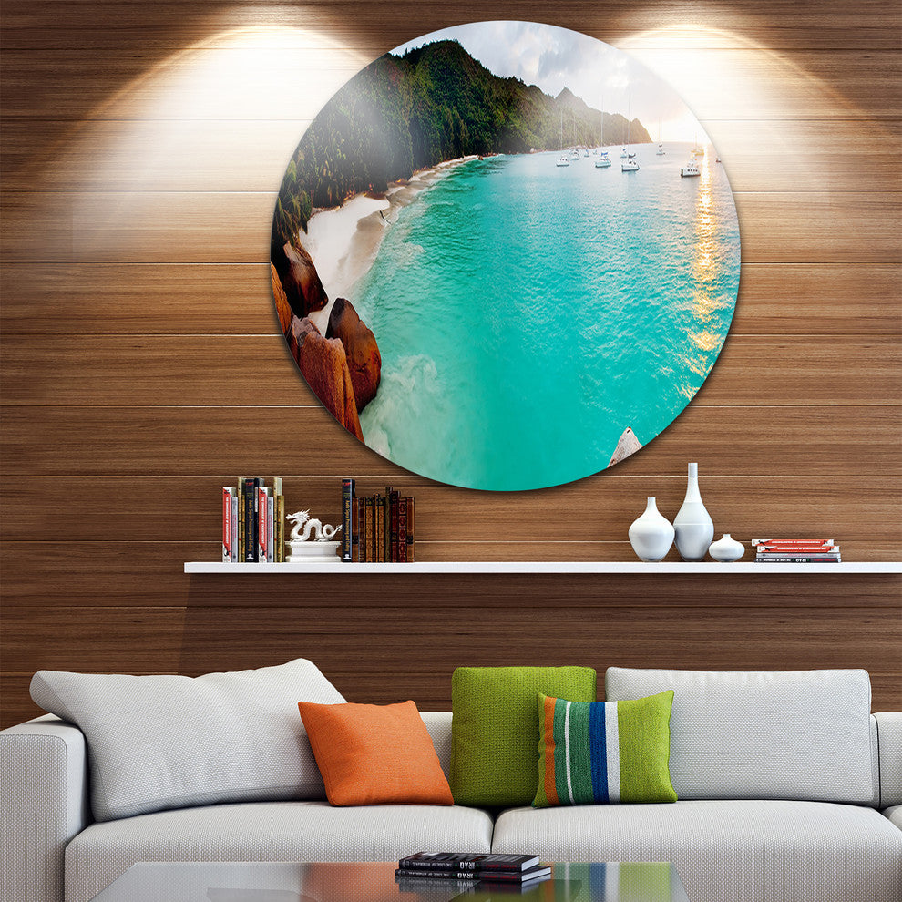 Tropical Beach With Blue Waters, Seascape Photo Disc Metal Artwork, 23"