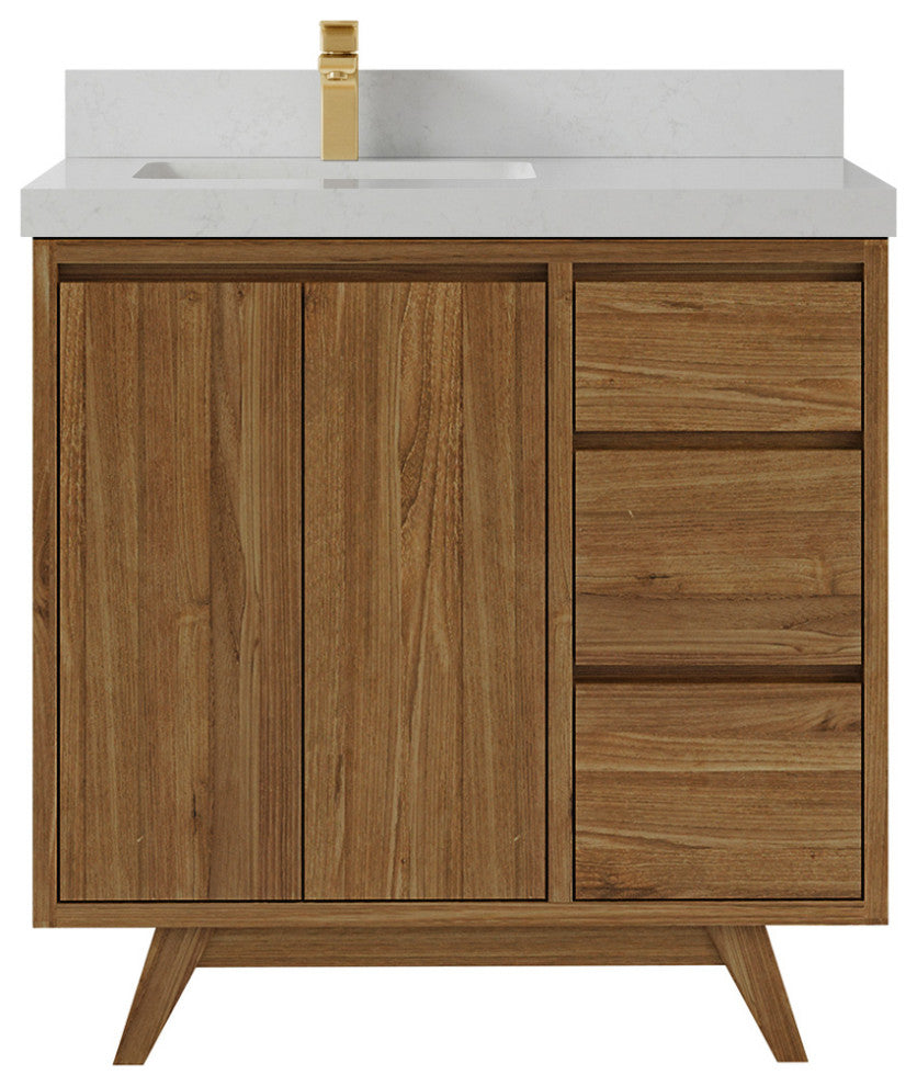 Madison Teak 36 Left Offset Bath Vanity in Dark Natural 2" Carrara Quartz