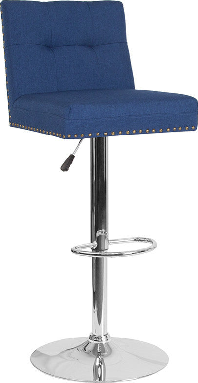 Contemporary Adjustable Height Barstool With Accent Nail Trim, Blue Fabric