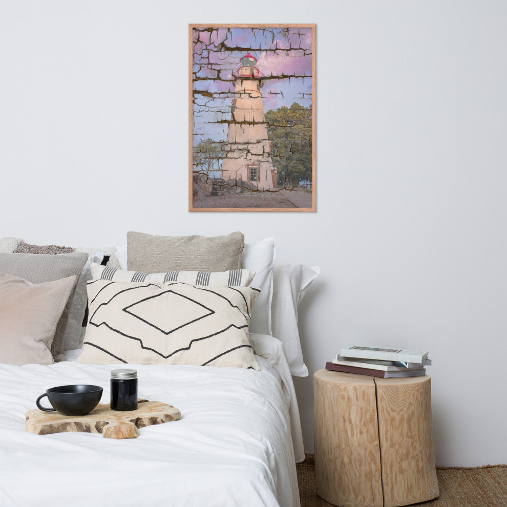 Faux Wood Texture Marblehead Lighthouse at Sunset Framed Photo Wall Art Print, Red Oak, 24" X 36"
