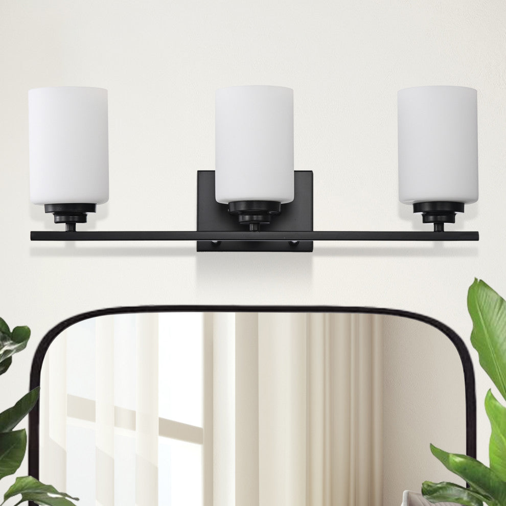 3-Light Matte Black Vanity With Etched White Glass Shades