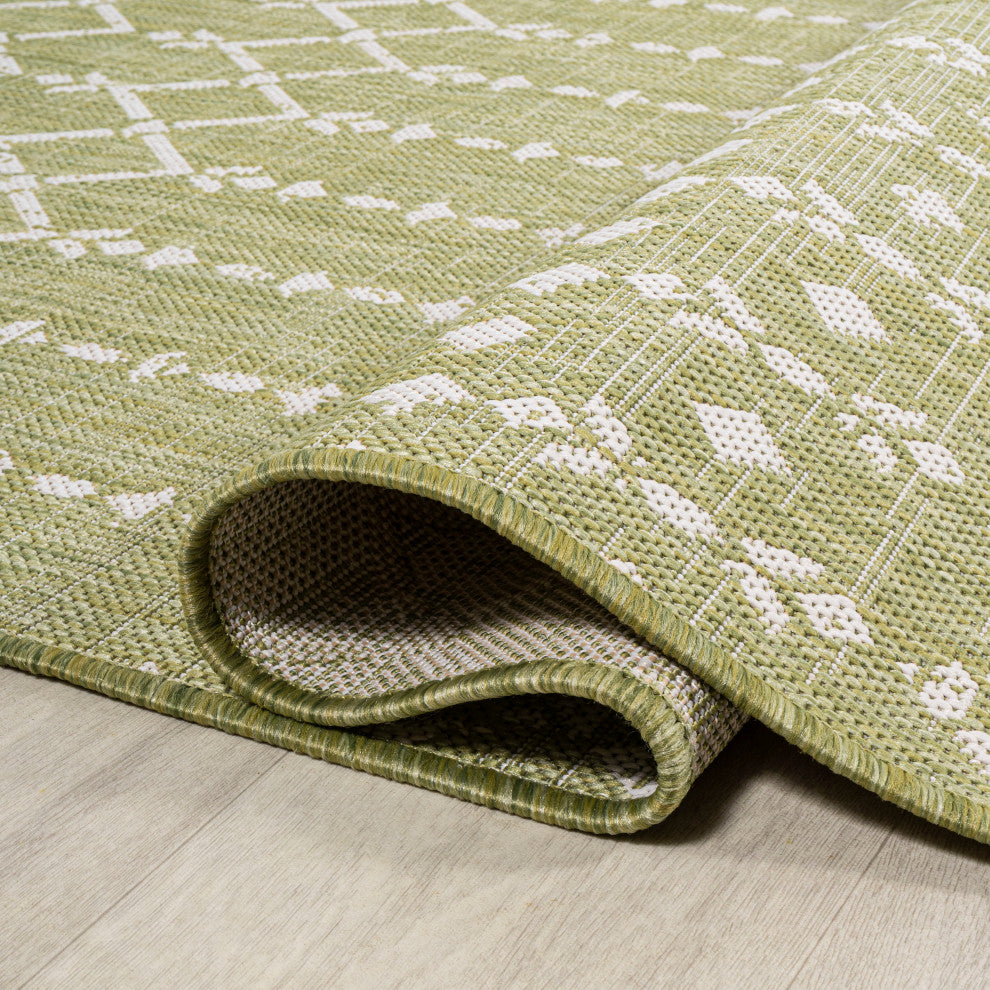 Ourika Moroccan Geometric Indoor/Outdoor Rug, Light Green/Cream, 5' Square