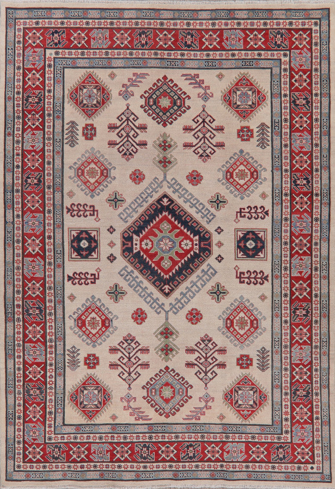 Oriental Traditional Kazak Handmade Pakistani Area Rug, Beige, 9'5"x6'6