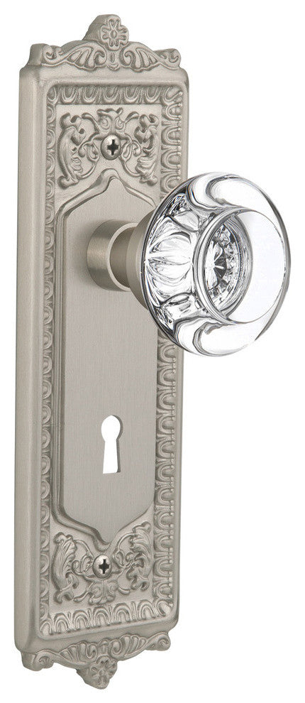 Egg & Dart Plate With Round Clear Crystal Knob, Satin Nickel