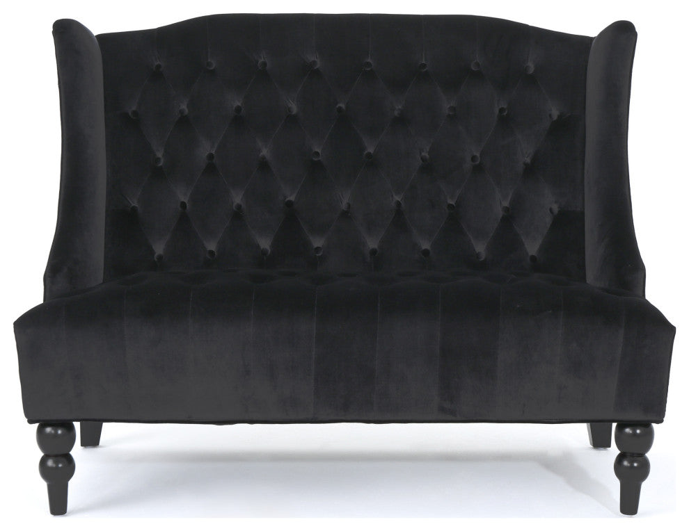 GDF Studio Leah Traditional Tufted High Winged Back New Velvet Loveseat, Black