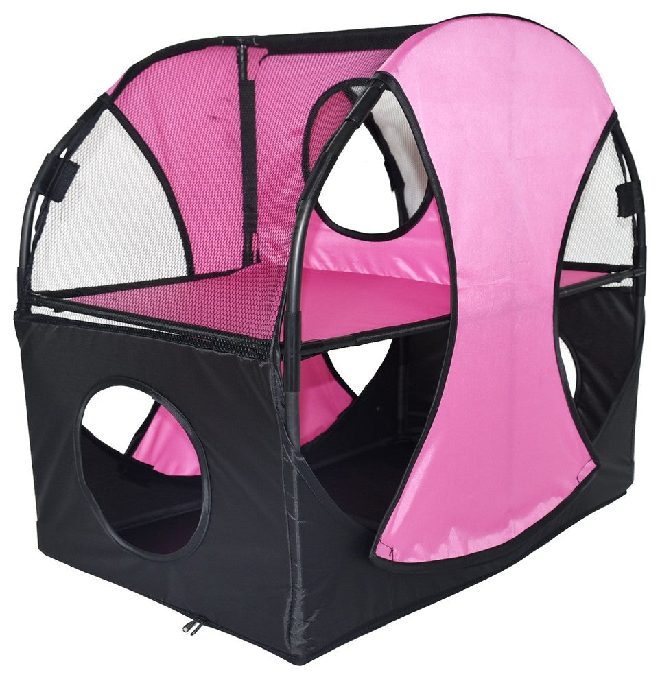 Kitty-Play Obstacle Collapsible Soft Folding Pet Cat House, Pink/Black