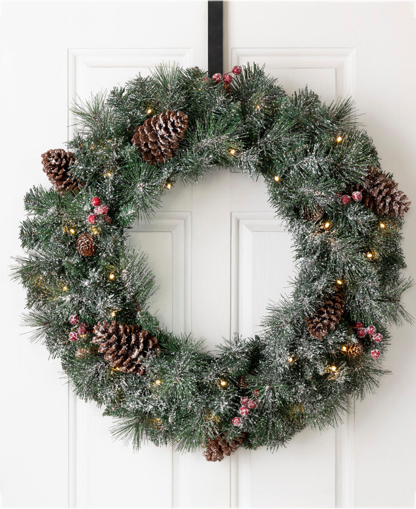24"D Pre-Lit Christmas Wreath, 2-Pack 9' Garland & 2-Pack Flocked Christmas Tree