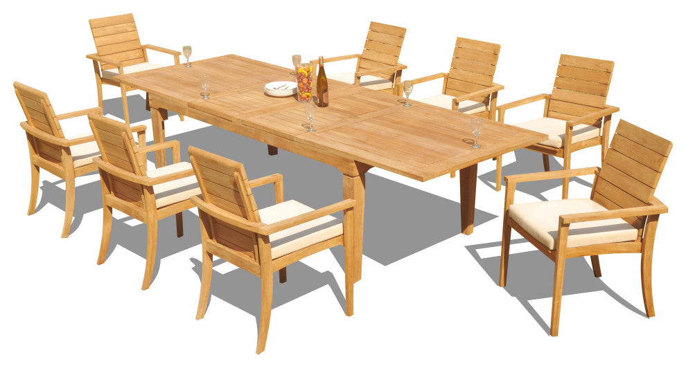 9-Piece Outdoor Teak Dining Set: 122" Rectangle Table 8 Alps Stacking Arm Chairs