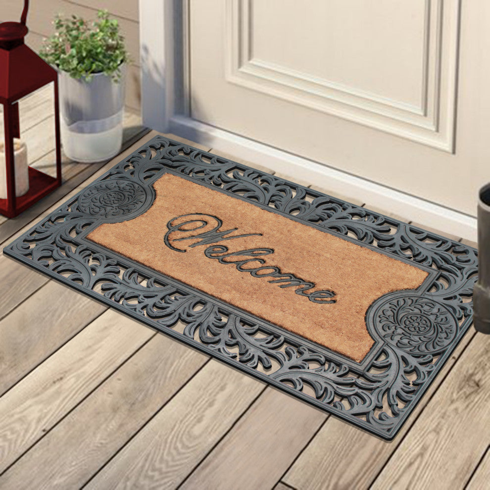 A1HC Welcome Floral Border Rubber and Coir Outdoor Doormat, 23"x38", Black