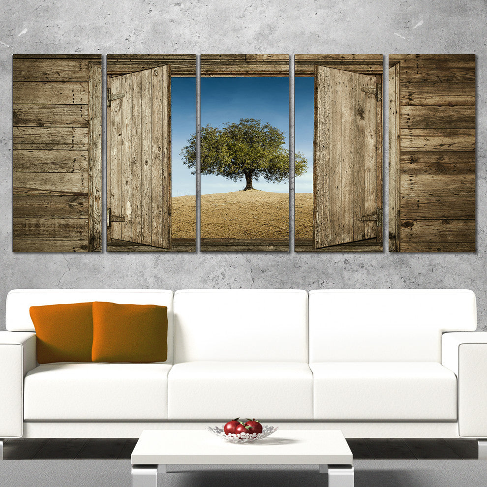 Window Open To Solitary Tree, Modern Landscape Canvas Art, 60"x28", 5 Panels