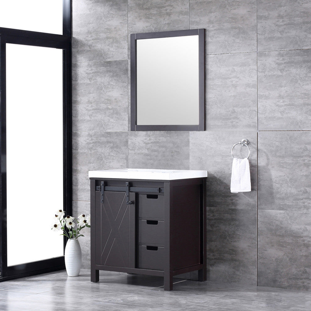 Marsyas 30" Brown Single Vanity Cabinet Quartz Top Square Sink, 28" Wall Mirror