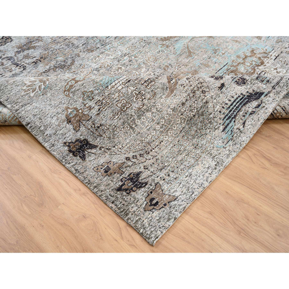 Gray Silk, Textured Wool Hand Knotted Modern Persian Oversized Rug13'9"x18'1"