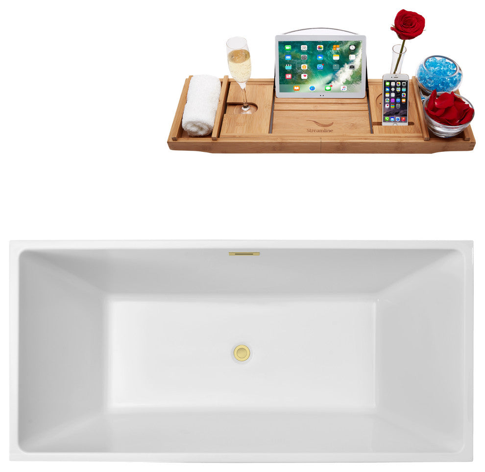 66" Streamline Bathtub and Tray With Drain, Polished Brass