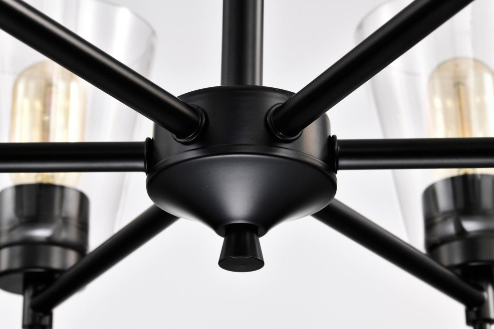 6-Light Matte Black Modern Chandelier With Clear Cone Glass Shades