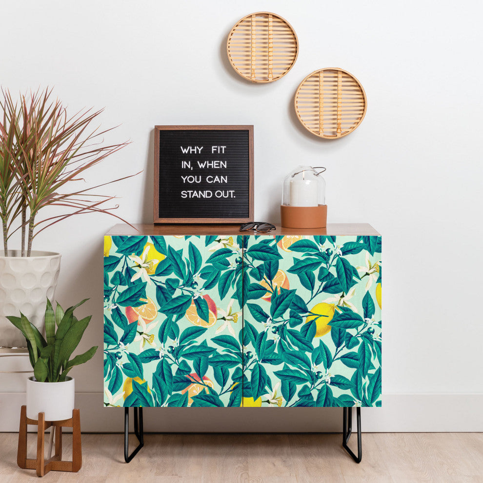 Deny Designs Lemon Pattern Credenza, Walnut, Black Steel legs