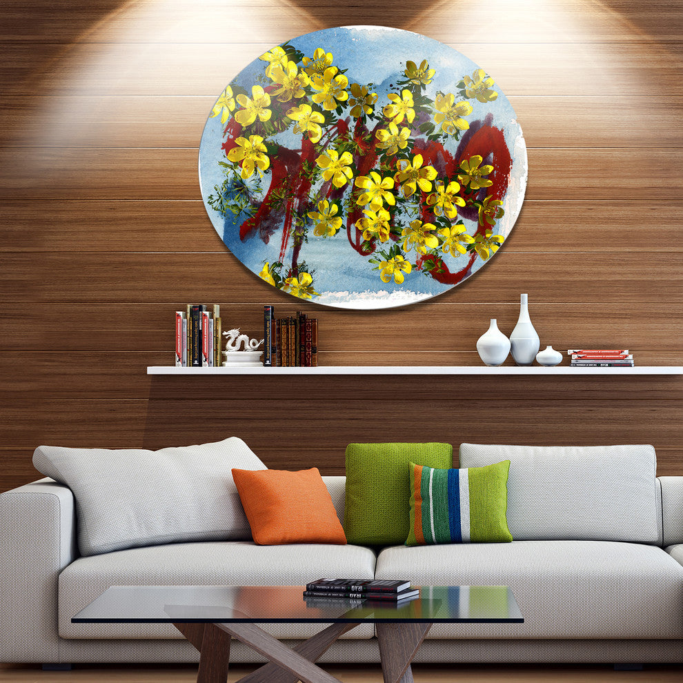 Lettering And Yellow Spring Flowers, Floral Round Metal Wall Art, 38"