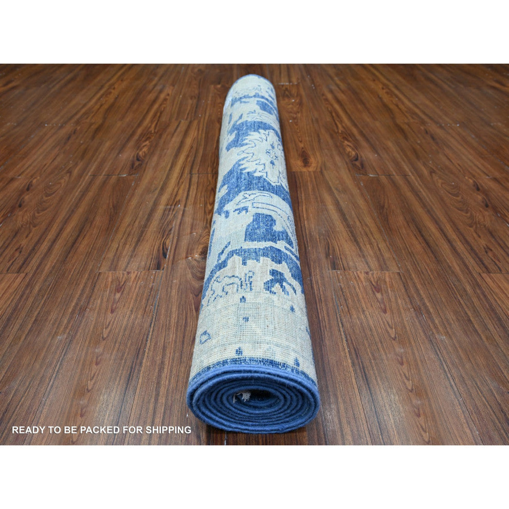 Astros Navy Blue Finer Peshawar Karajeh Hand Knotted Wide Runner Rug  4'2"x9'7"