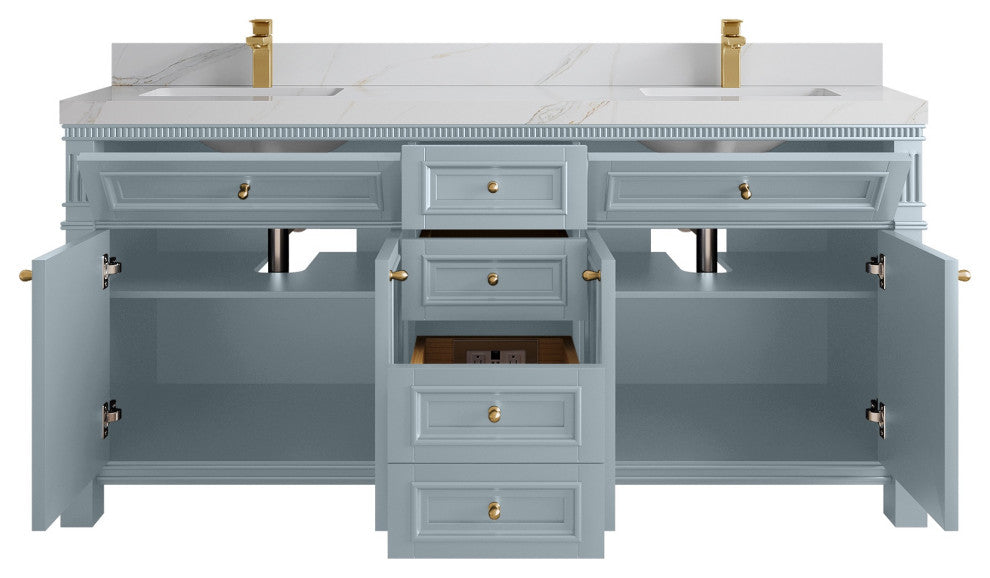 Paris 72" Double Sink Bathroom Vanity, Blue Heather 2" Calacatta Sienna