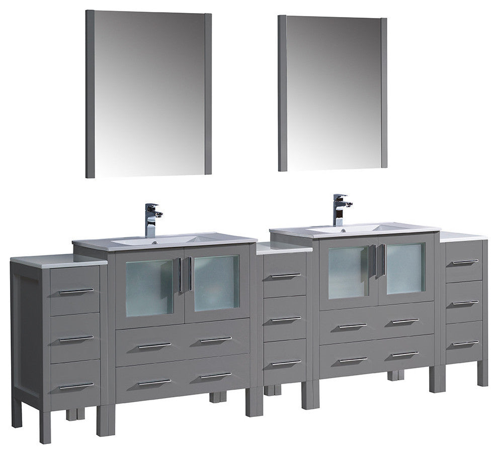 96" Gray Double Sink Bathroom Vanity With 3 Side Cabinets, Faucet, FFT9151BN