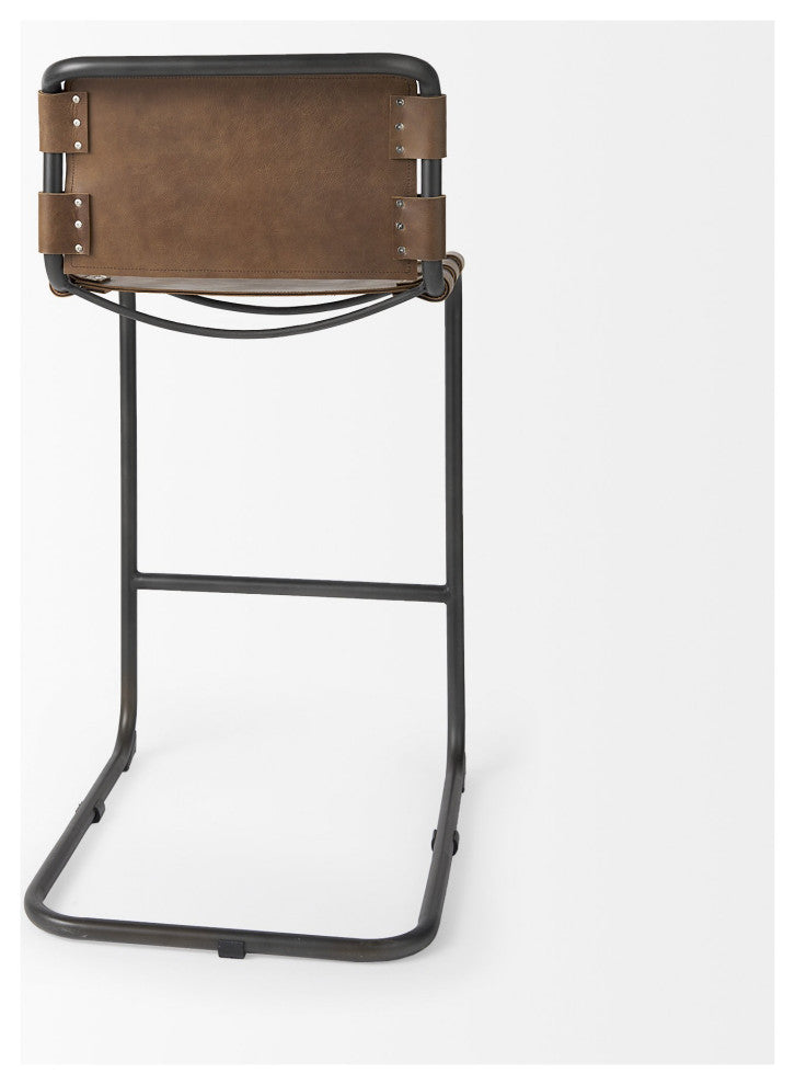 Light Brown Leather Iron Framed Bar Stool