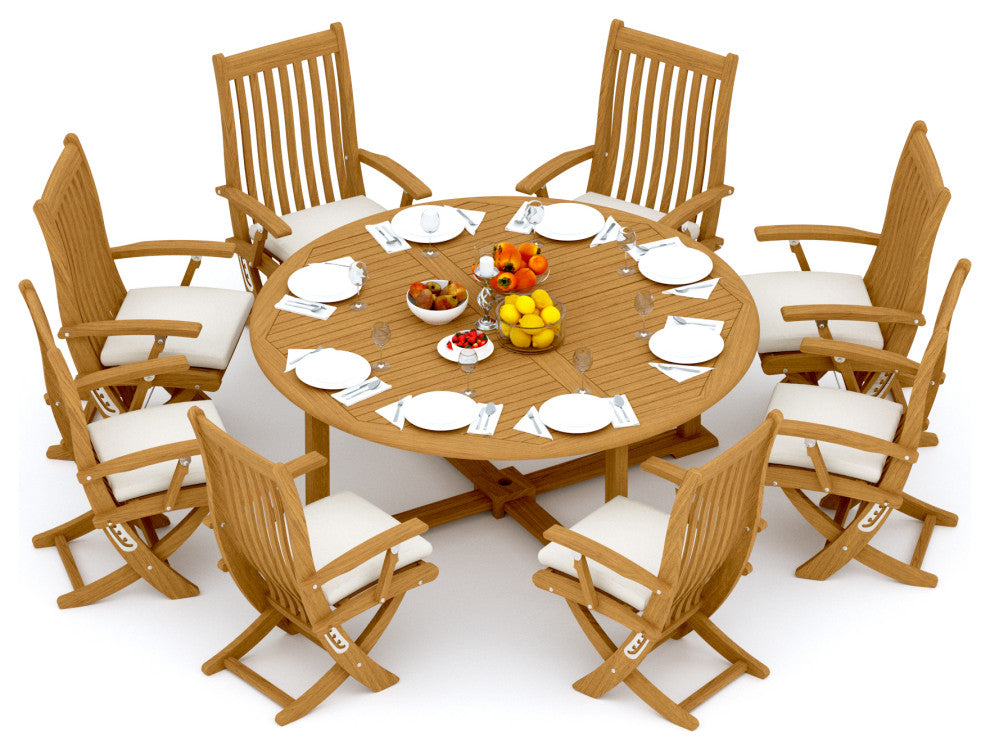 9-Piece Outdoor Teak Dining Set: 72" Round Table, 8 Warwick Folding Arm Chairs