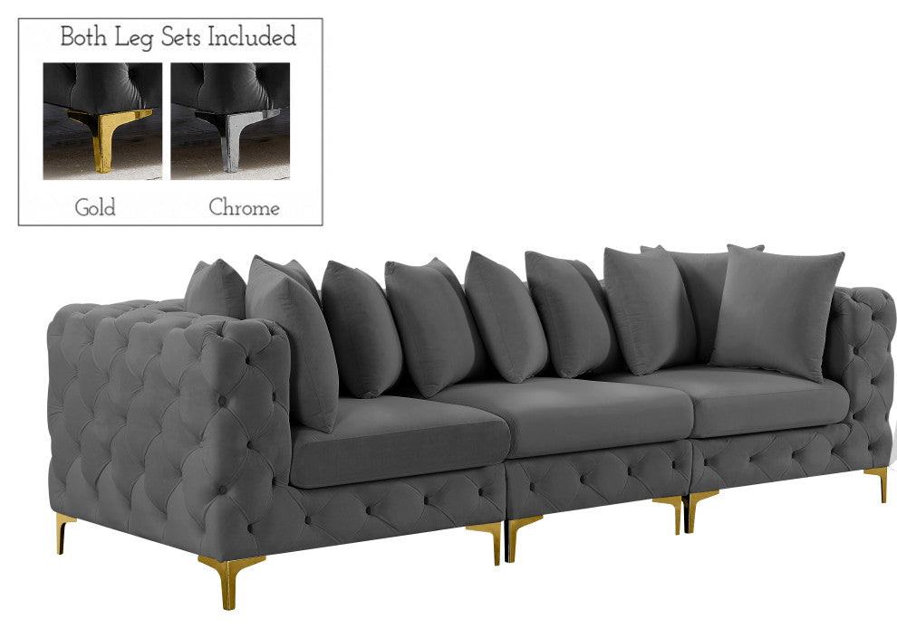 Tremblay Velvet Upholstered 3-Piece Modular Sofa, Grey