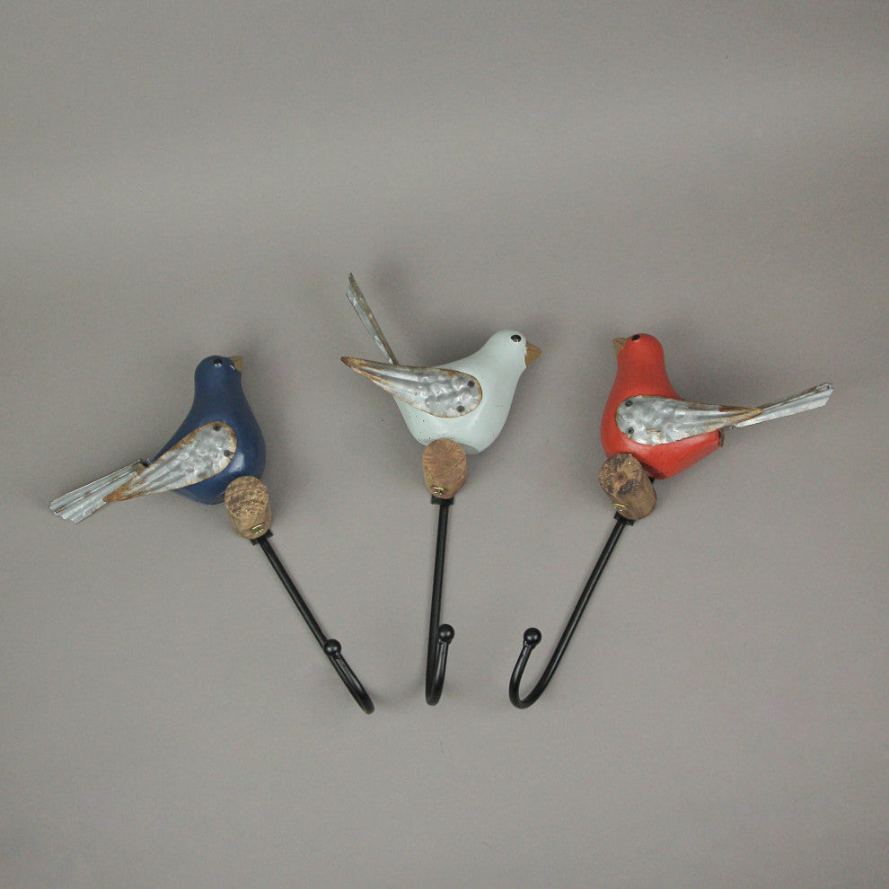 Red Blue White Wood Metal Bird Wall Hook Coat Hanger Towel Key Holder Set of 3