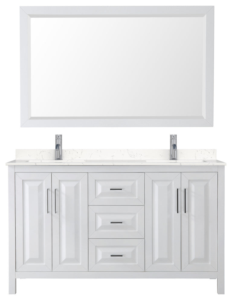 60, Double Vanity, White, Light-Vein Marble Top, SQ Sinks, 58, Mirror