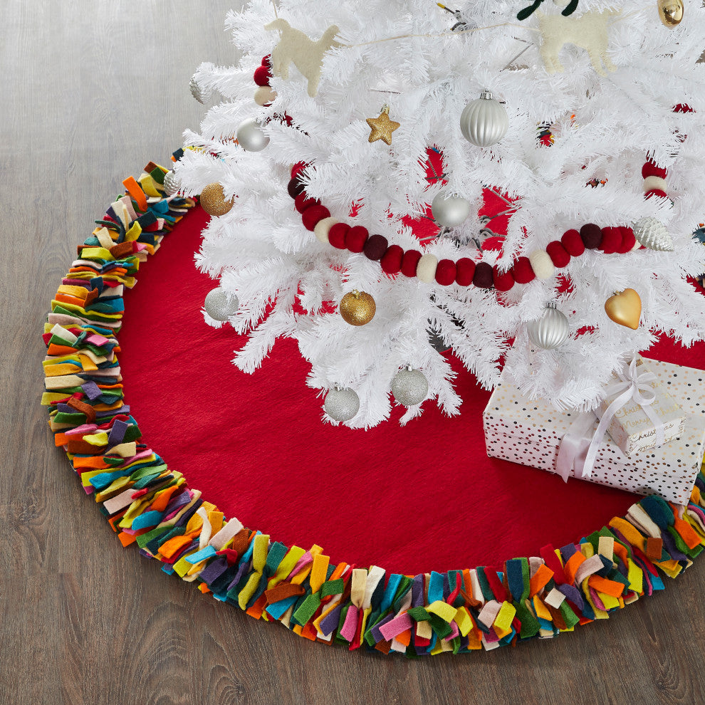 Multicolored Fringe Tree Skirt in Red Hand Felted Wool