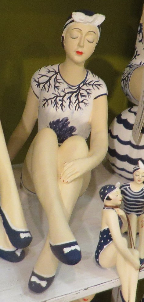 Retro Bathing Beauty Swimsuit Model Figurine, Art Deco Woman Statue, Blue/White